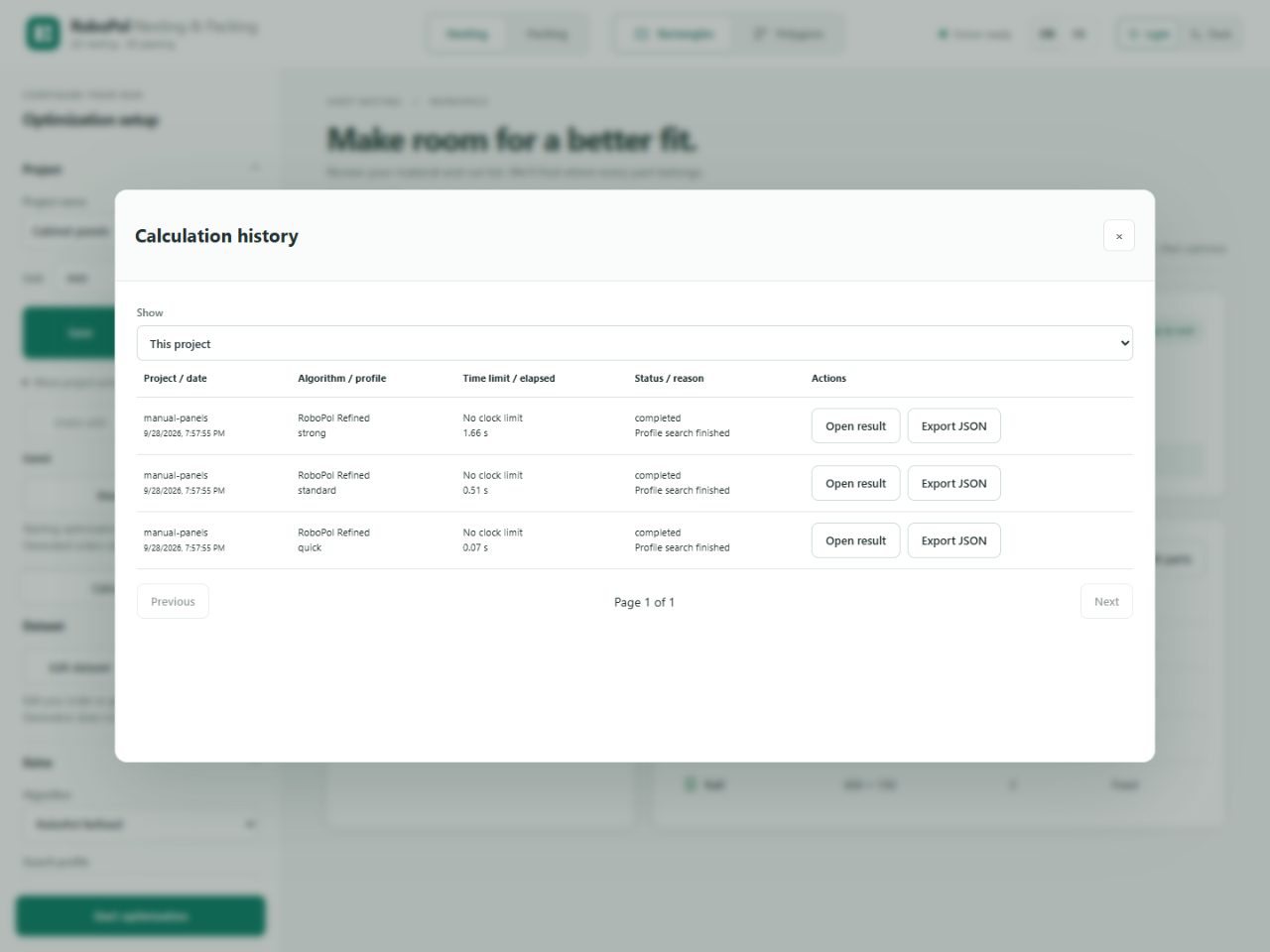 History of three calculations with different profiles, time information and controls for opening or exporting results