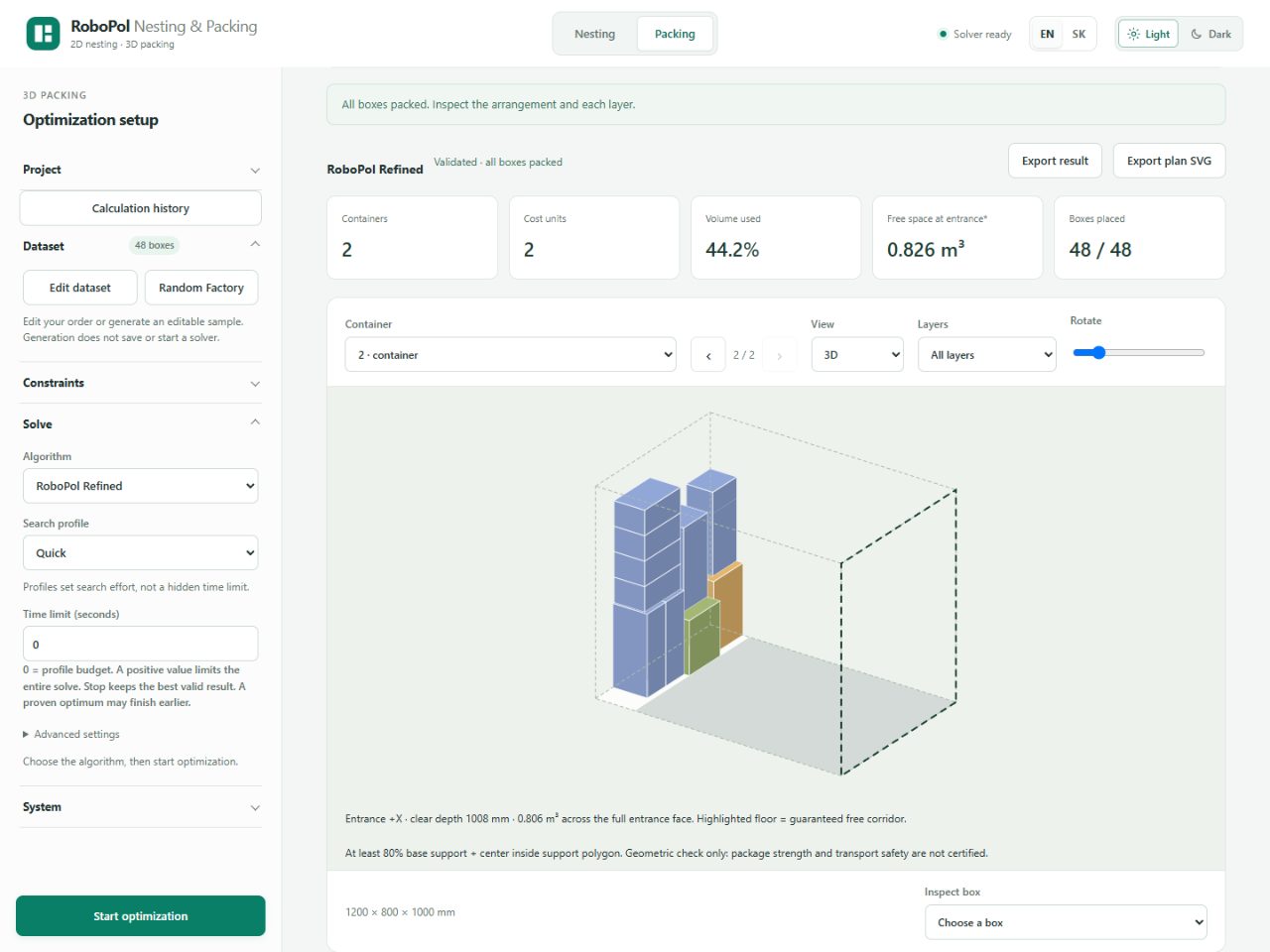 Validated box layout with container, view and layer controls and highlighted free space at the entrance