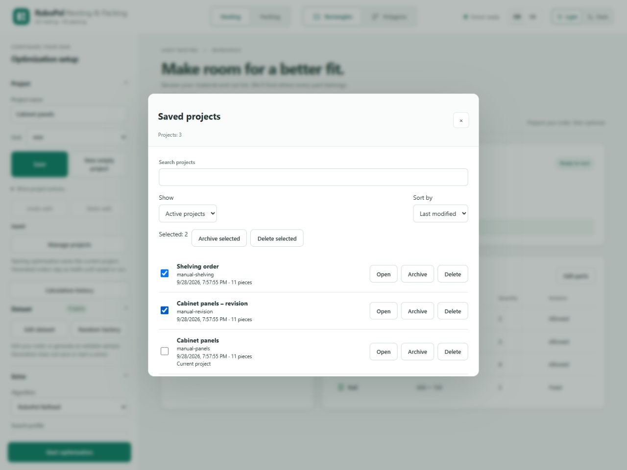 Project management with names, modification dates, search, archive controls and selection for multiple projects