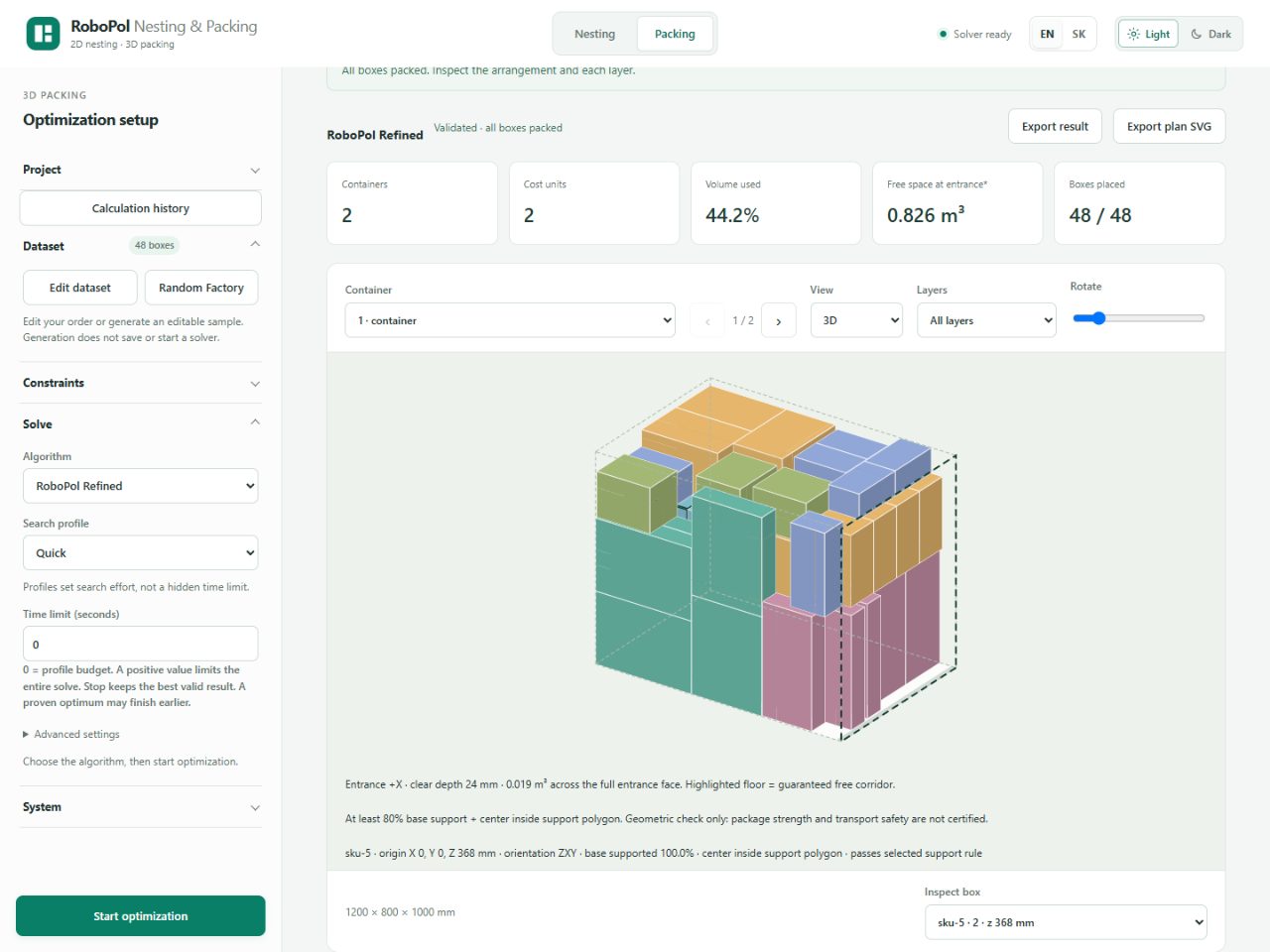 Inspection of a selected box showing the support rule and contact-area check