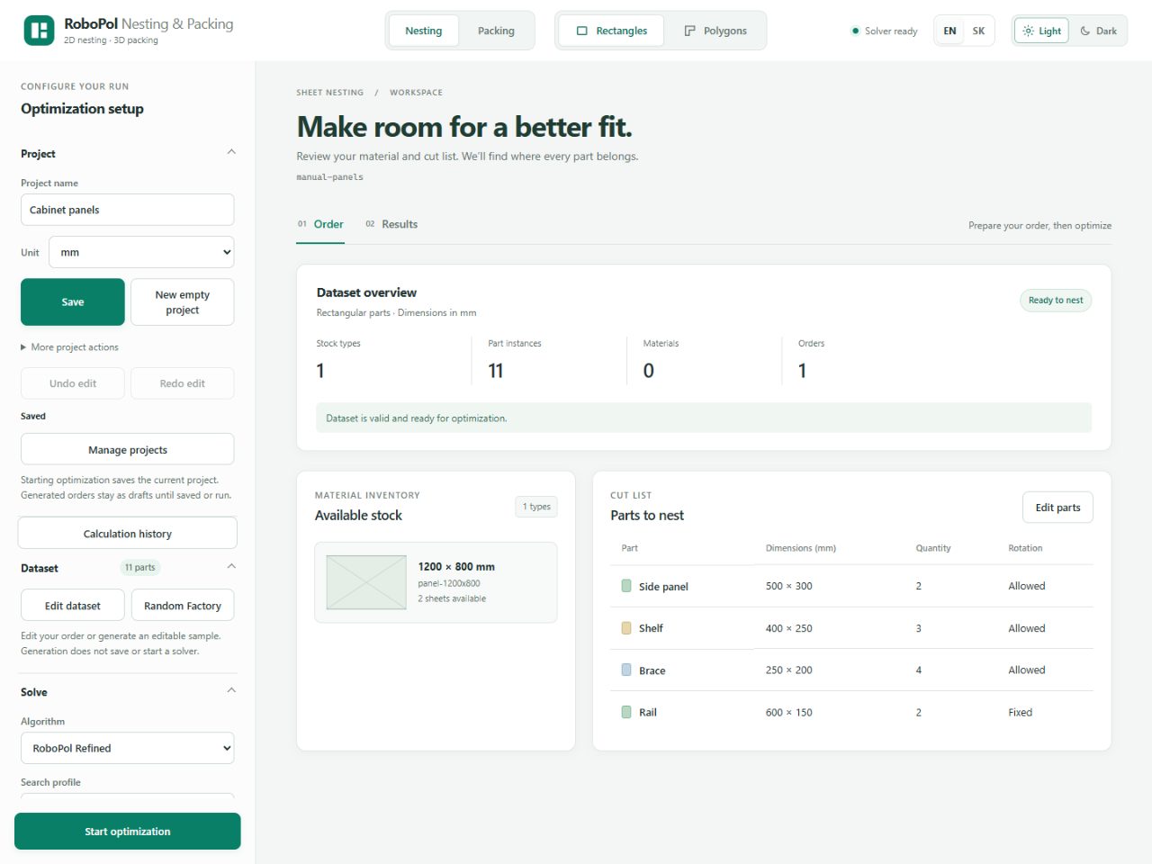 Nesting workspace with a sidebar, input summary and language controls