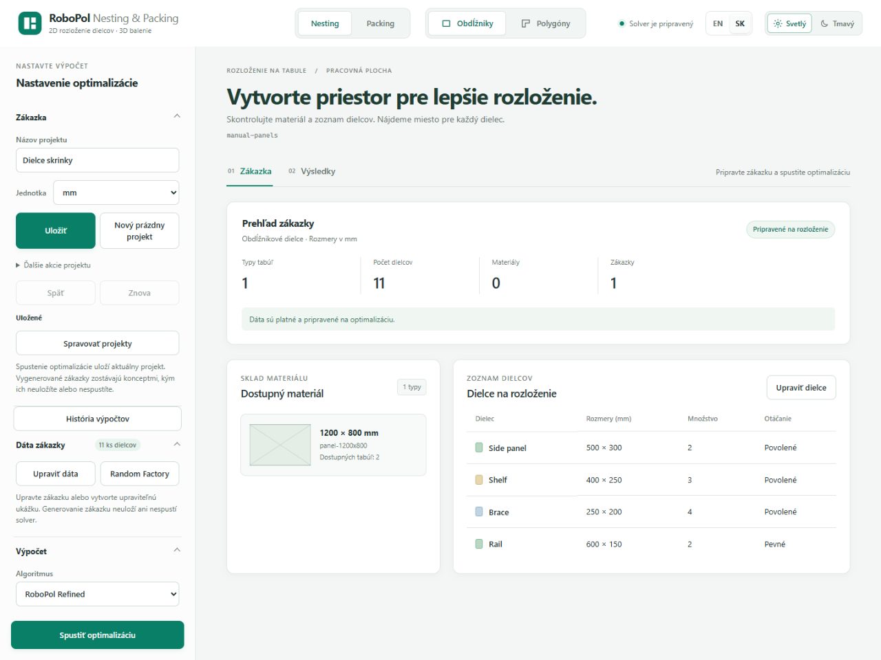 Pracovná plocha nestingu s bočným panelom, prehľadom vstupných údajov a prepínačom jazyka